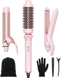 3 in 1 Curling Wand Set, Multi Curl, Curling Iron Set with Heated round Brush, Flat Iron Hair Straightener, 1 1/4 Inch Curling Iron, Dual Voltage Hair Curler(Pink)