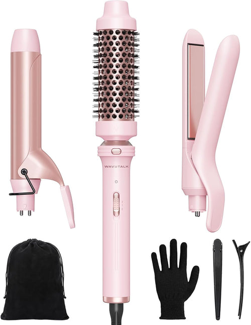 3 in 1 Curling Wand Set, Multi Curl, Curling Iron Set with Heated round Brush, Flat Iron Hair Straightener, 1 1/4 Inch Curling Iron, Dual Voltage Hair Curler(Pink)